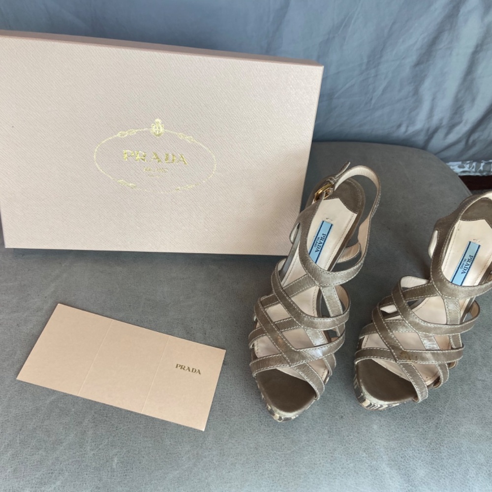 Prada Platform Stiletto Strappy Sandals with striped wooden heals - Picture 5 of 9